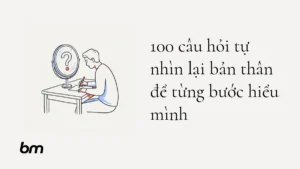 Minh họa cho 100 câu hỏi tự nhìn lại bản thân để từng bước hiểu mình: Một người ngồi trước gương tròn, cầm bút viết lên giấy, mặt gương phản chiếu một dấu chấm hỏi lớn thay vì gương mặt, nhấn bằng một chấm màu duy nhất.