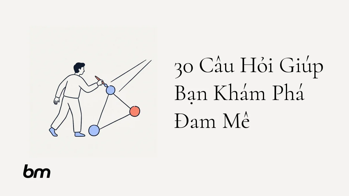 Minh họa cho 30 Câu Hỏi Giúp Bạn Khám Phá Đam Mê: Một người nối ba dấu chấm tượng trưng cho sở thích, trải nghiệm và thế mạnh; các điểm gặp nhau mở ra một lối đi nhỏ phía trước.