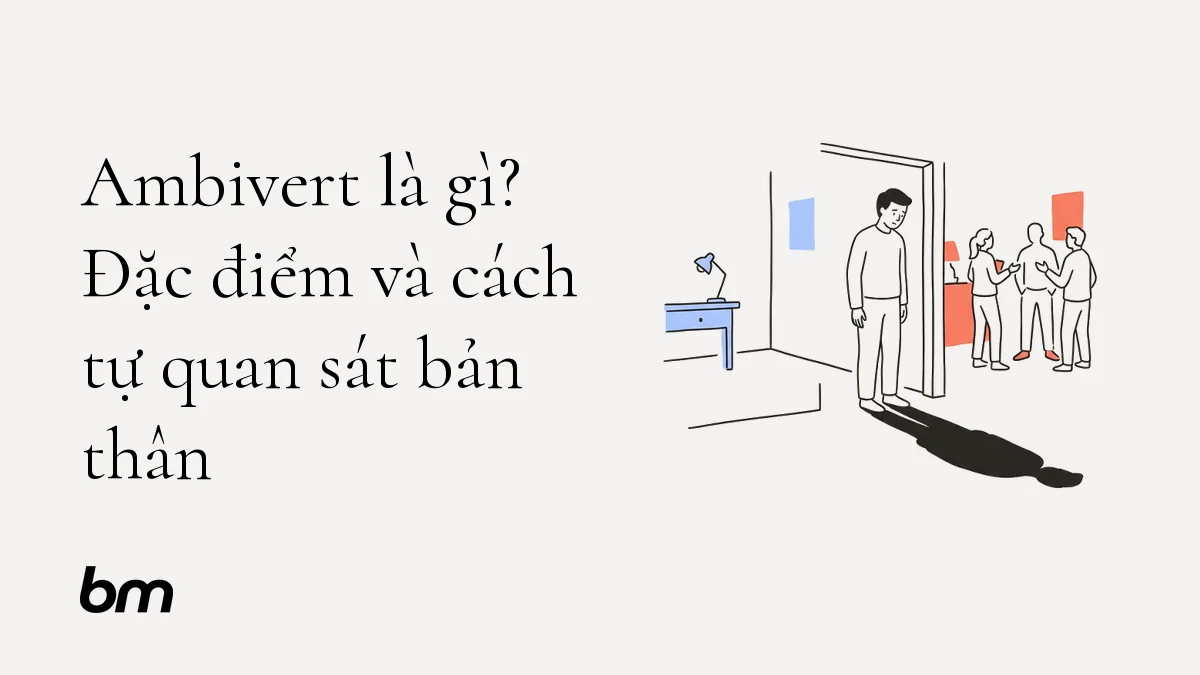 Minh họa cho Ambivert là gì? Đặc điểm và cách tự quan sát bản thân: Một người đứng tại ngưỡng giữa hai không gian tối giản: một góc yên tĩnh khép kín và một khoảng mở có vài hình người; nhân vật tự quan sát bóng của mình đang nối liền cả hai phía.