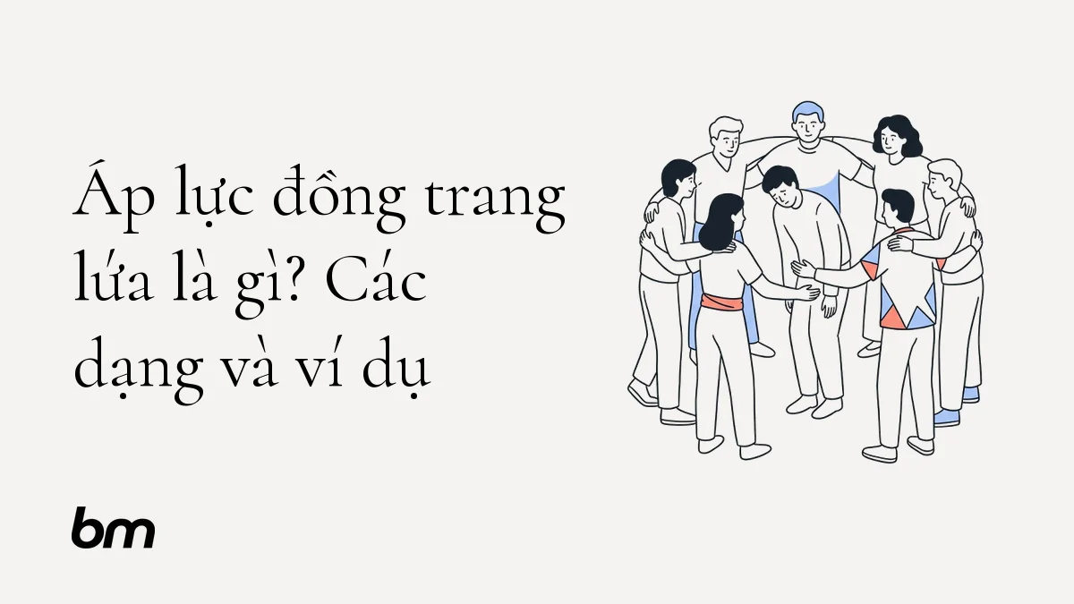 Minh họa cho Áp lực đồng trang lứa là gì? Các dạng và ví dụ: Một người đứng ở trung tâm, cúi nhẹ dưới một vòng tròn lớn tạo bởi các hình người cùng lứa đang khép lại quanh họ; vòng tròn vừa như lực ép vừa như điểm tựa, gợi cả ảnh hưởng tích cực lẫn tiêu cực mà không cần chữ.