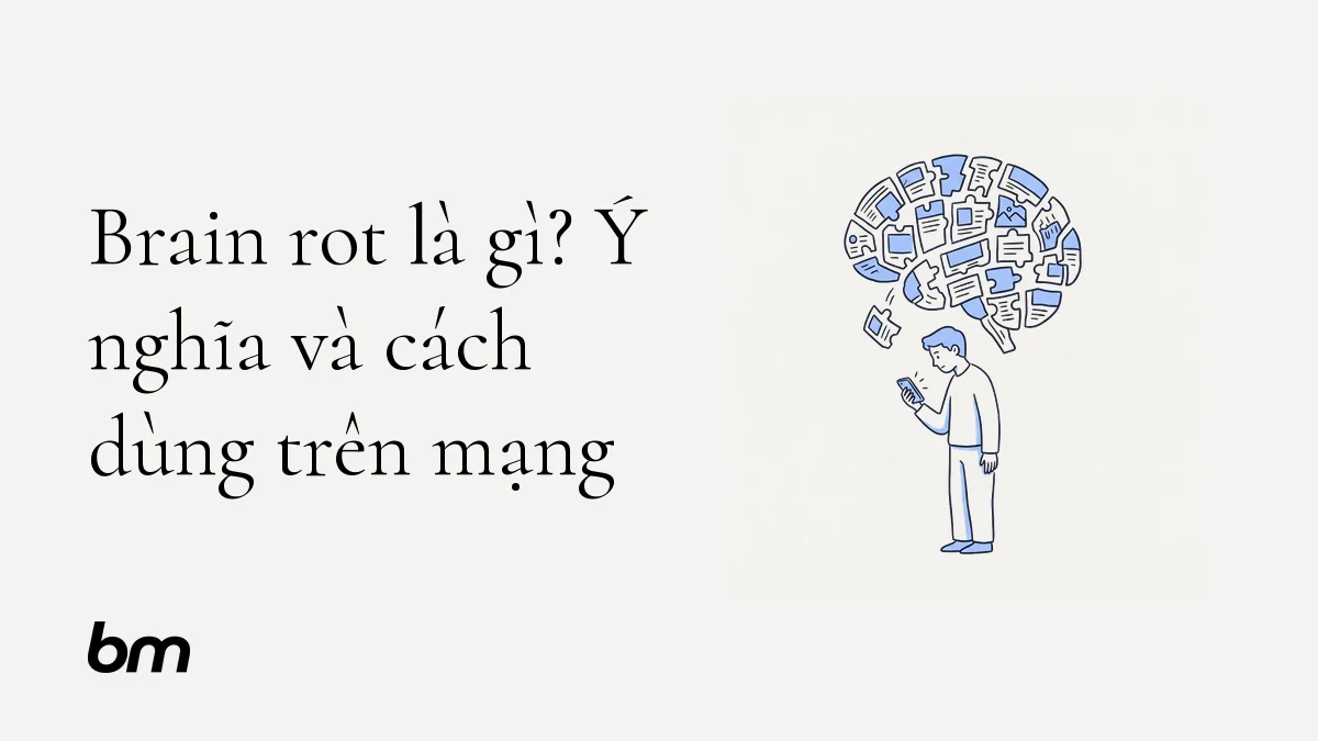 Minh họa cho Brain rot là gì? Ý nghĩa và cách dùng trên mạng: Một người nhìn vào màn hình nhỏ, phía trên đầu là một khối hình não được ghép từ những mảnh nội dung rời rạc; một mảnh đang rơi ra, gợi cảm giác quá tải mà không ám chỉ tổn thương thật.