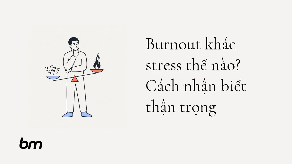 Minh họa cho Burnout khác stress thế nào? Cách nhận biết thận trọng: Một người đứng giữa hai chiếc cân đơn giản: một bên là những gợn sóng căng thẳng, bên kia là ngọn lửa nhỏ đã tắt, gợi việc quan sát khác biệt mà không tự kết luận.