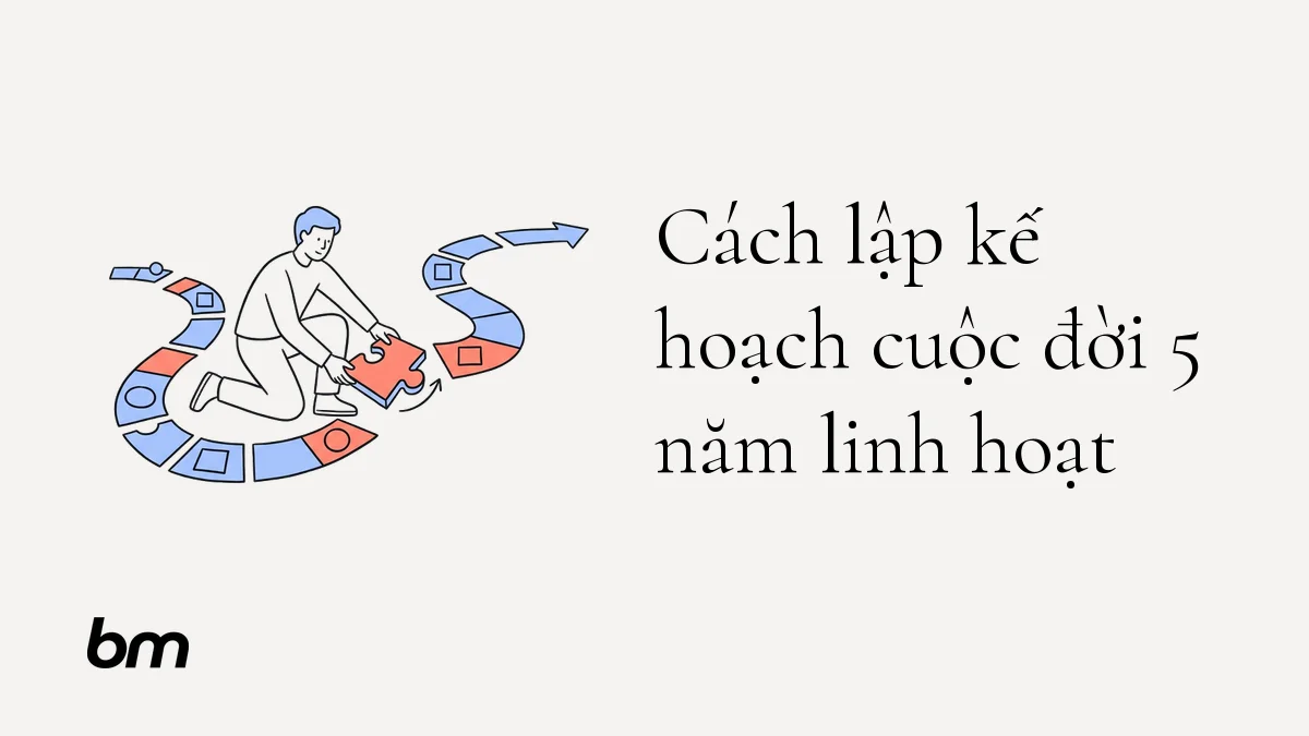 Minh họa cho Cách lập kế hoạch cuộc đời 5 năm linh hoạt: Một người dùng tay xoay một mảnh ghép trên lộ trình gồm các cột mốc rời nhau, gợi việc liên tục điều chỉnh hướng đi thay vì cố định tương lai.