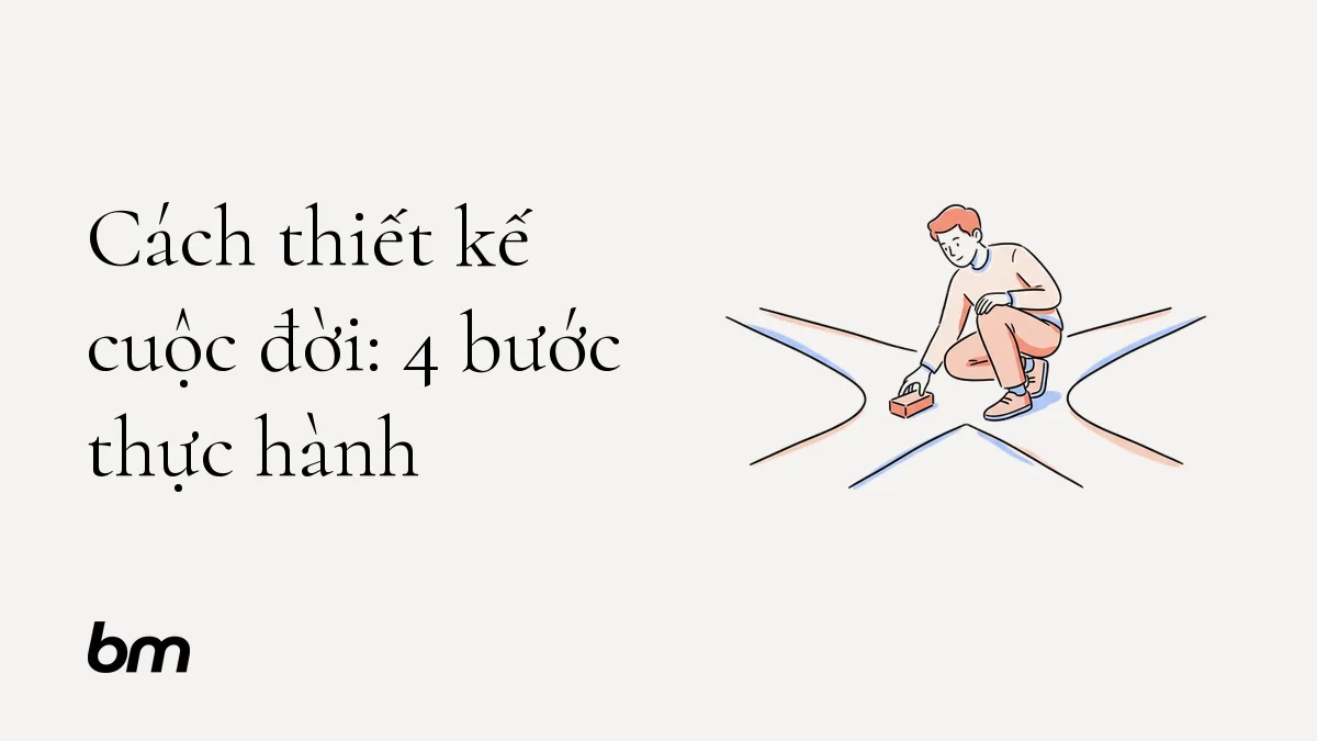Minh họa cho Cách thiết kế cuộc đời: 4 bước thực hành: Một người đặt một viên gạch nhỏ trên con đường phân nhánh, tượng trưng cho việc chọn hướng đi bằng thử nghiệm và suy ngẫm.