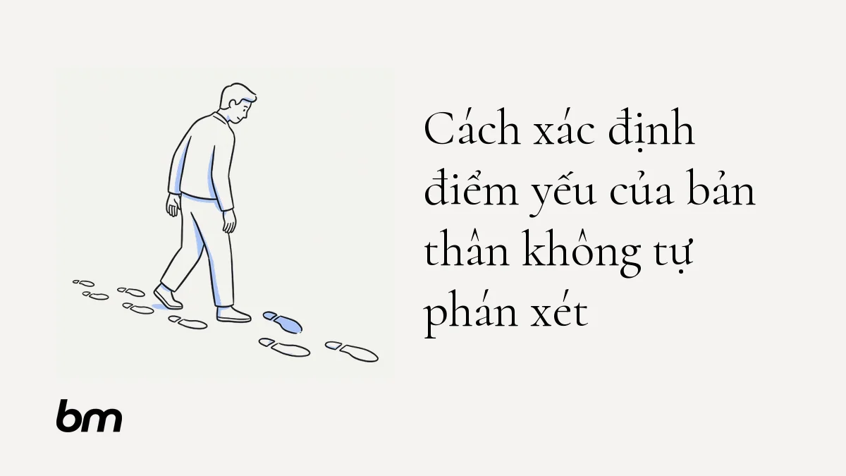 Minh họa cho Cách xác định điểm yếu của bản thân không tự phán xét: Một người xem dấu chân của chính mình trên nền giấy trung tính, nhận ra một dấu lệch nổi bật như manh mối để suy ngẫm, không phải lỗi lầm.