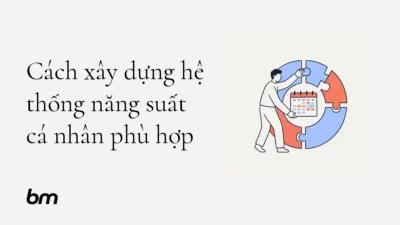 Minh họa cho Cách xây dựng hệ thống năng suất cá nhân phù hợp: Một người sắp xếp bốn khối hình học thành một vòng tròn cân bằng quanh lịch trình cá nhân, ẩn dụ cho việc xây dựng hệ thống năng suất phù hợp.