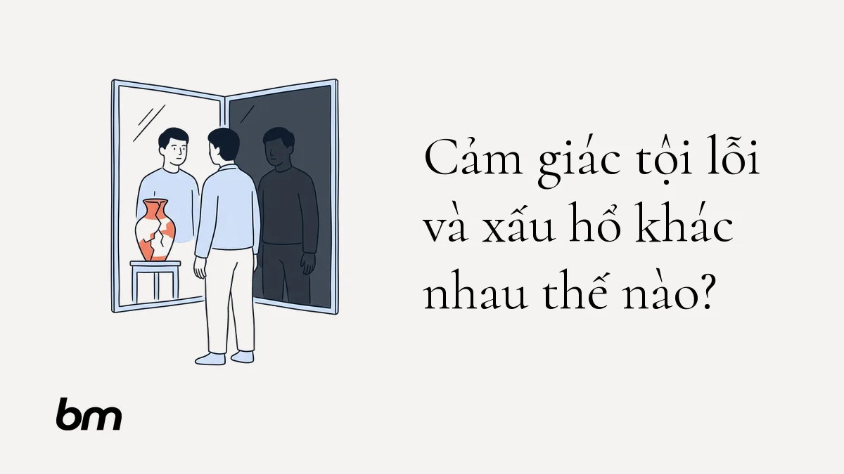 Minh họa cho Cảm giác tội lỗi và xấu hổ khác nhau thế nào?: Một người đứng trước tấm gương chia đôi: một nửa phản chiếu làm nổi bật chiếc bình nứt cần được sửa, nửa còn lại phủ bóng lên toàn bộ hình người. Cảnh ẩn dụ phân biệt hành động gây day dứt với cảm giác bản thân bị phủ định.