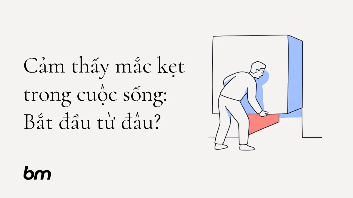Minh họa cho Cảm thấy mắc kẹt trong cuộc sống: Bắt đầu từ đâu?: Một người đứng trước một khối vuông lớn chắn lối, cúi xuống nhấc một góc khối để hé lộ khoảng trống phía sau; ẩn dụ cho việc gọi tên trở ngại để tìm điểm khởi đầu.