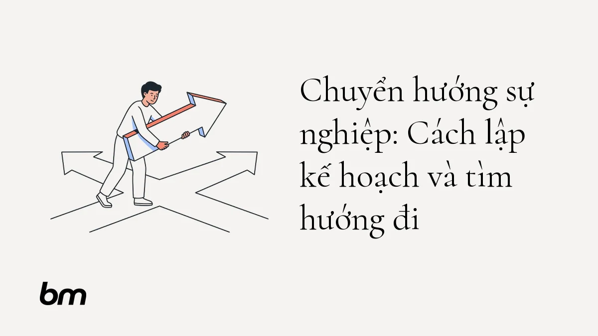 Minh họa cho Chuyển hướng sự nghiệp: Cách lập kế hoạch và tìm hướng đi: Một người di chuyển một mũi tên chỉ đường từ lối cũ sang lối mới trên một ngã rẽ tối giản, ẩn dụ cho việc chủ động điều chỉnh hướng sự nghiệp.