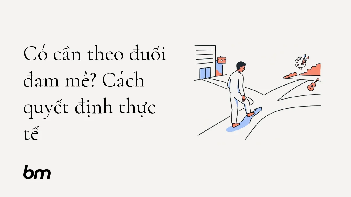 Minh họa cho Có cần theo đuổi đam mê? Cách quyết định thực tế: Một người đứng trước ngã rẽ: một lối dẫn đến biểu tượng công việc, một lối dẫn đến sở thích, và người đó thử đặt một bước chân lên lối nhỏ trước khi quyết định.