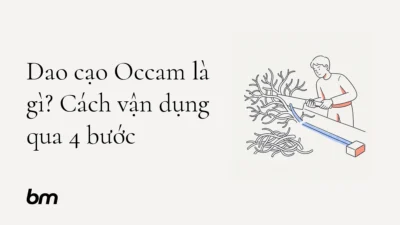 Minh họa cho Dao cạo Occam là gì? Cách vận dụng qua 4 bước: Một người dùng lưỡi dao tối giản gạt bỏ những nhánh giả định rườm rà, để lại một đường giải thích gọn gàng bên cạnh bằng chứng.