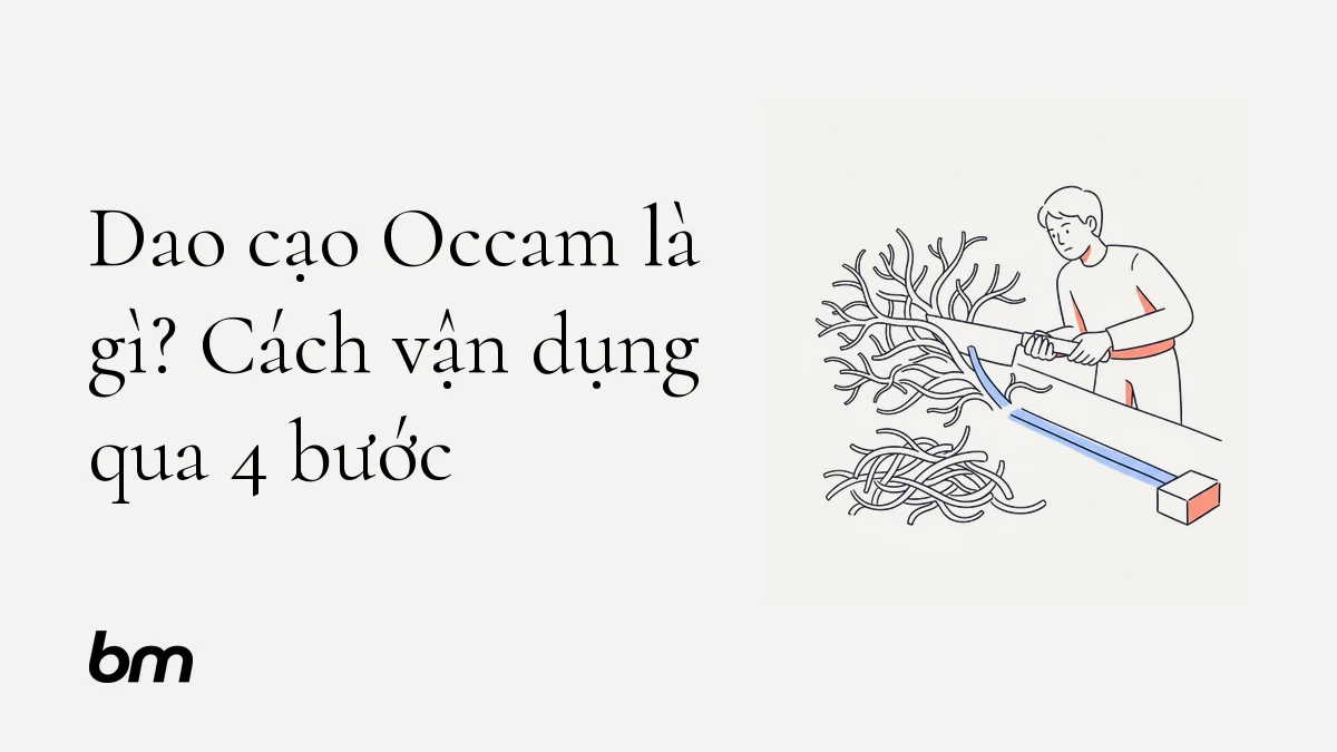 Minh họa cho Dao cạo Occam là gì? Cách vận dụng qua 4 bước: Một người dùng lưỡi dao tối giản gạt bỏ những nhánh giả định rườm rà, để lại một đường giải thích gọn gàng bên cạnh bằng chứng.