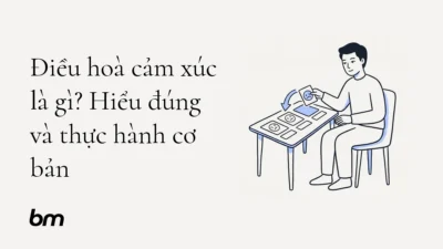 Minh họa cho Điều hoà cảm xúc là gì? Hiểu đúng và thực hành cơ bản: Một người ngồi bình tĩnh trước một bàn nhỏ, đặt ba thẻ cảm xúc có nét mặt khác nhau vào ba ô xếp hàng; một mũi tên cong dẫn từ thẻ đang rối đến ô phản hồi phù hợp, gợi quá trình nhận diện rồi lựa chọn thay vì đè nén.