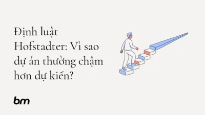 Minh họa cho Định luật Hofstadter: Vì sao dự án thường chậm hơn dự kiến?: Một người bước lên cầu thang gồm các khối nhiệm vụ nhỏ; phía trước, bậc cuối bị kéo dài thành một đoạn chưa biết, gợi thời gian phát sinh khó lường.