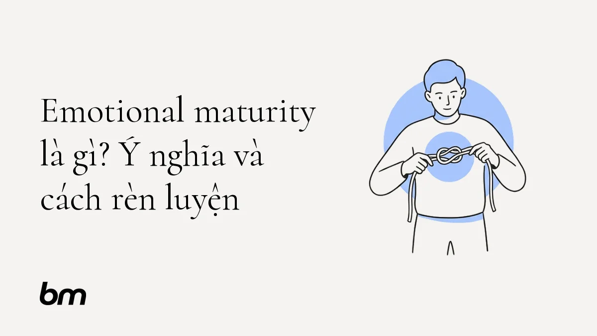 Minh họa cho Emotional maturity là gì? Ý nghĩa và cách rèn luyện: Một người bình thản gỡ nút thắt trên sợi dây trước ngực, ẩn dụ cho việc tự nhìn lại để hiểu và điều chỉnh cảm xúc. Minh họa nét đen trên nền trung tính, một hình tròn xanh nhạt phía sau nút thắt; không có chữ, nhiều khoảng trống.