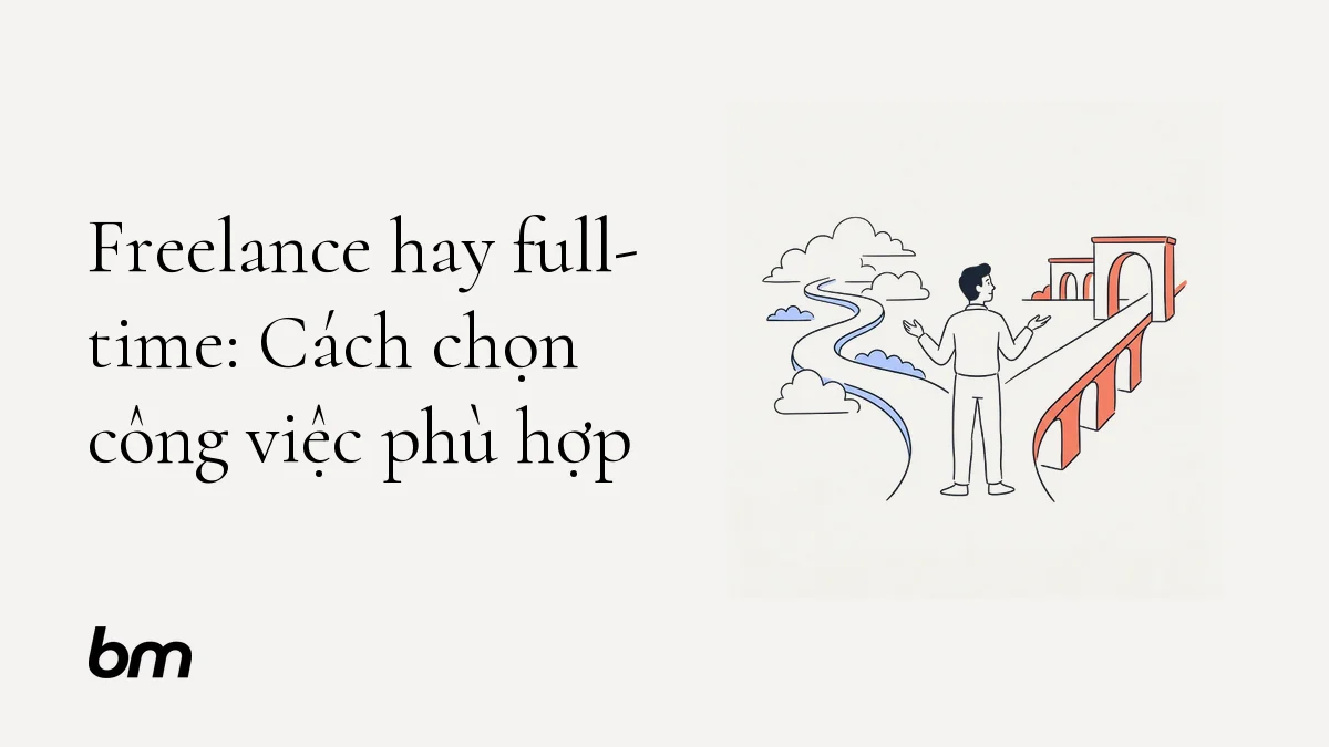 Minh họa cho Freelance hay full-time: Cách chọn công việc phù hợp: Một người đứng giữa hai lối đi cân bằng: một lối mở rộng tự do, một lối vững chắc có điểm tựa.