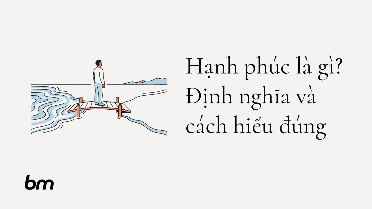 Minh họa cho Hạnh phúc là gì? Định nghĩa và cách hiểu đúng: Một người đứng yên trên chiếc cầu nhỏ nối hai bờ: một bên là gợn sóng cảm xúc, bên kia là đường chân trời rộng mở, gợi sự khác biệt giữa niềm vui nhất thời và cảm nhận tổng thể về cuộc sống.