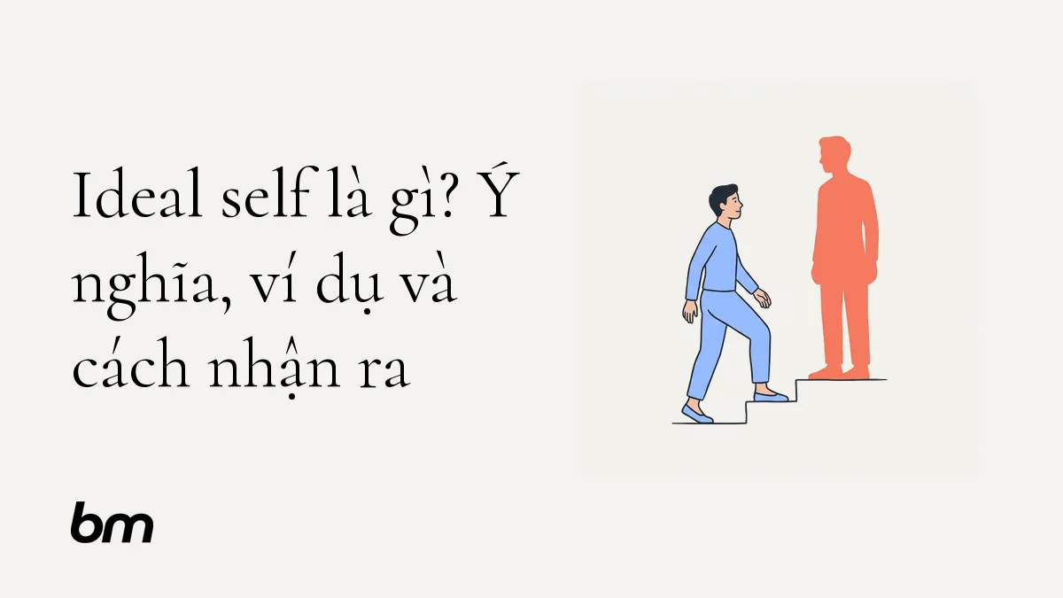 Minh họa cho Ideal self là gì? Ý nghĩa, ví dụ và cách nhận ra: Một người đứng trước phiên bản hình bóng cao hơn của chính mình, nối với nhau bằng một bước chân nhỏ — ẩn dụ cho việc biến ideal self thành hành vi đời thường.