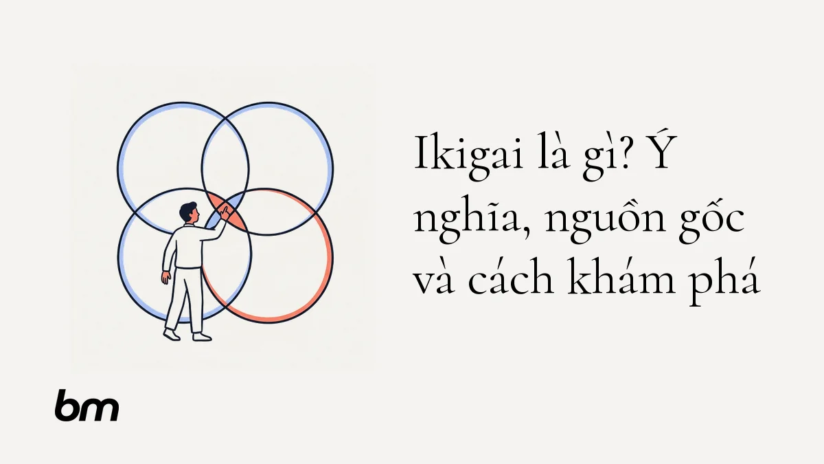 Minh họa cho Ikigai là gì? Ý nghĩa, nguồn gốc và cách khám phá: Một người đứng trước bốn vòng tròn giao nhau và chạm vào vùng trung tâm, như đang tìm điểm hội tụ của điều khiến cuộc sống đáng sống.