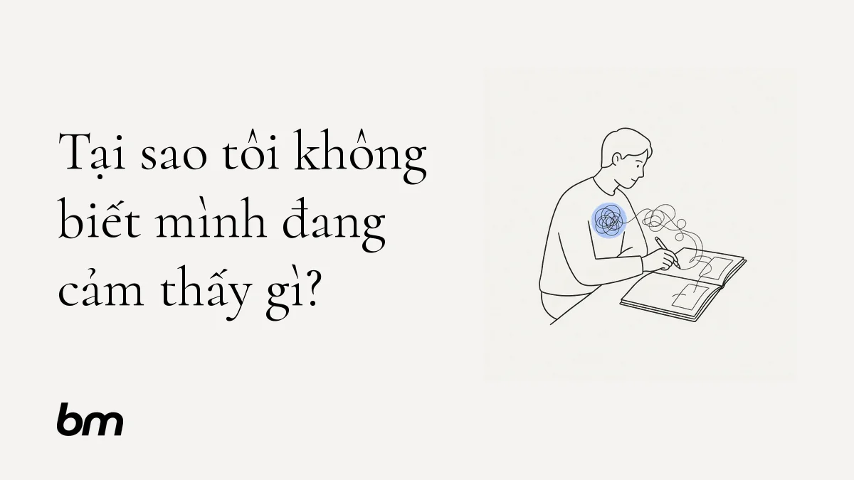 Vietnamese text asking, 'Why can't I know what I’m feeling?', with a simple line drawing of a person writing at a desk on the right.