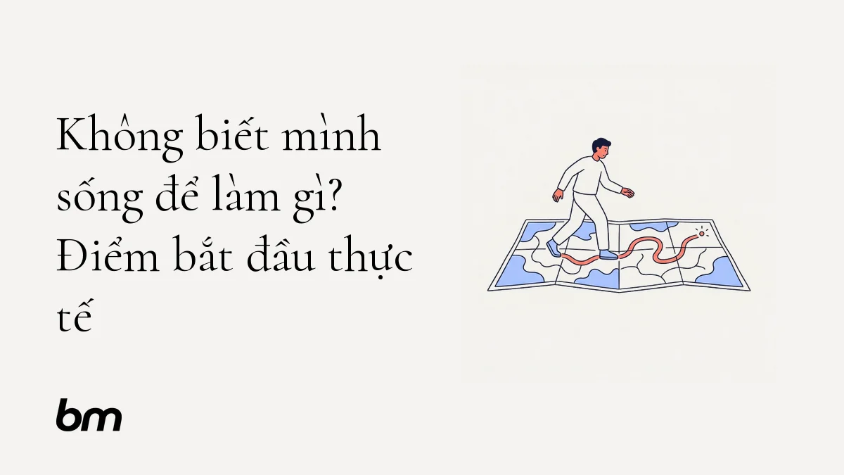 Minh họa cho Không biết mình sống để làm gì? Điểm bắt đầu thực tế: Một người lần theo con đường ngắn qua bản đồ bốn ô, hướng đến một điểm sáng nhỏ: mục đích sống được khám phá từng bước, không phải tìm thấy ngay.