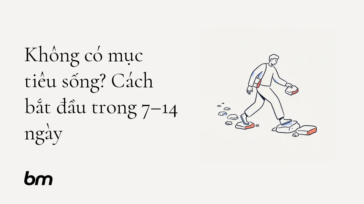 Minh họa cho Không có mục tiêu sống? Cách bắt đầu trong 7–14 ngày: Một người bước trên con đường ngắn gồm vài viên đá rời, đặt viên tiếp theo trước mặt thay vì cần nhìn thấy toàn bộ hành trình.