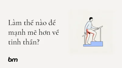 Vietnamese graphic: large text on left and a simple illustration of a person on a treadmill on the right, with a small 'bm' logo in the bottom left.