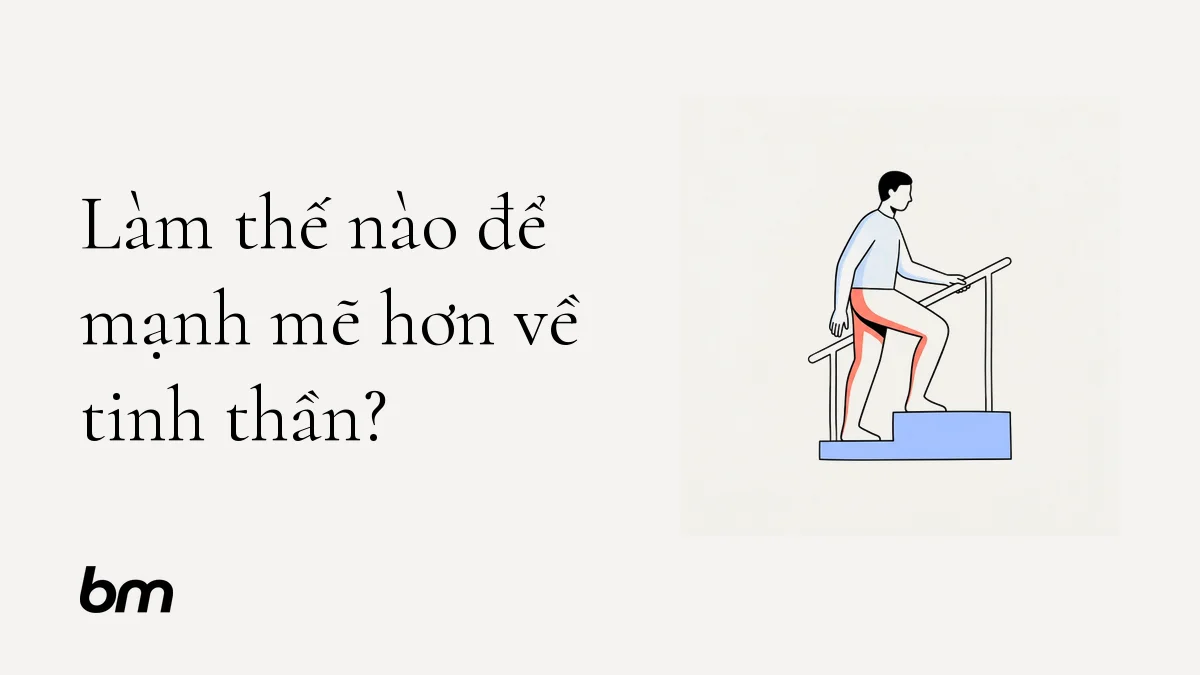 Vietnamese graphic: large text on left and a simple illustration of a person on a treadmill on the right, with a small 'bm' logo in the bottom left.