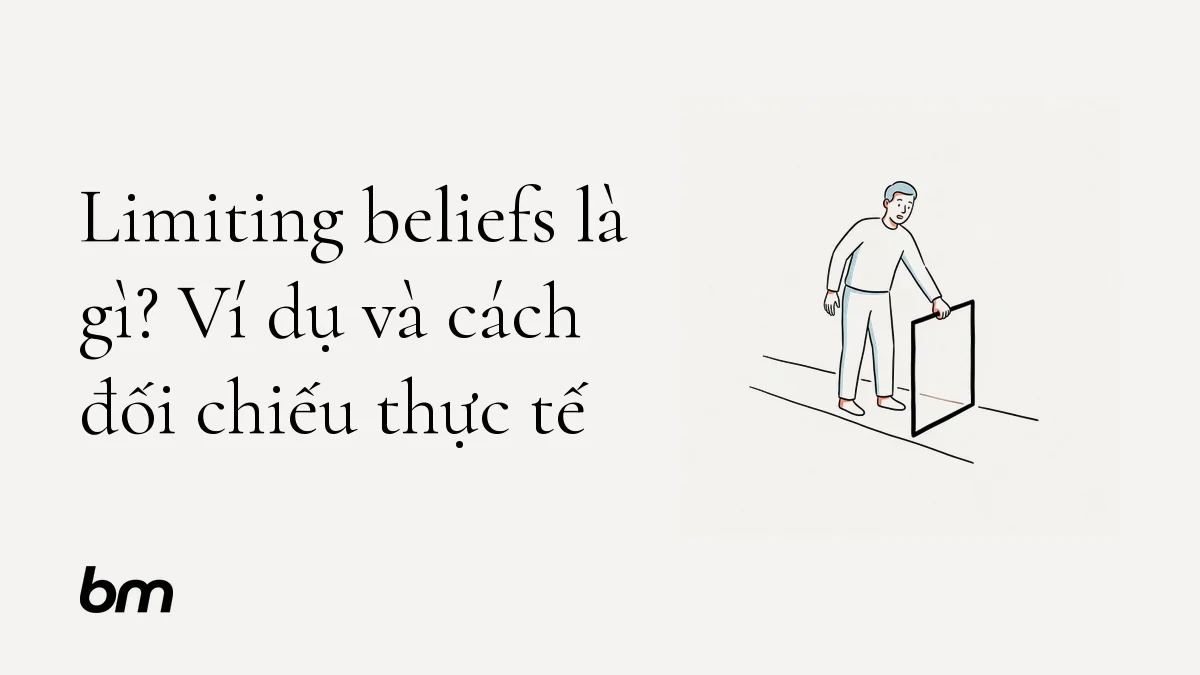 Minh họa cho Limiting beliefs là gì? Ví dụ và cách đối chiếu thực tế: Một người đứng trước lối đi bị thu hẹp bởi tấm khung đen do chính người đó cầm; bên cạnh, lối đi rộng mở khi khung được hạ xuống, gợi việc kiểm chứng niềm tin để thấy thêm lựa chọn.