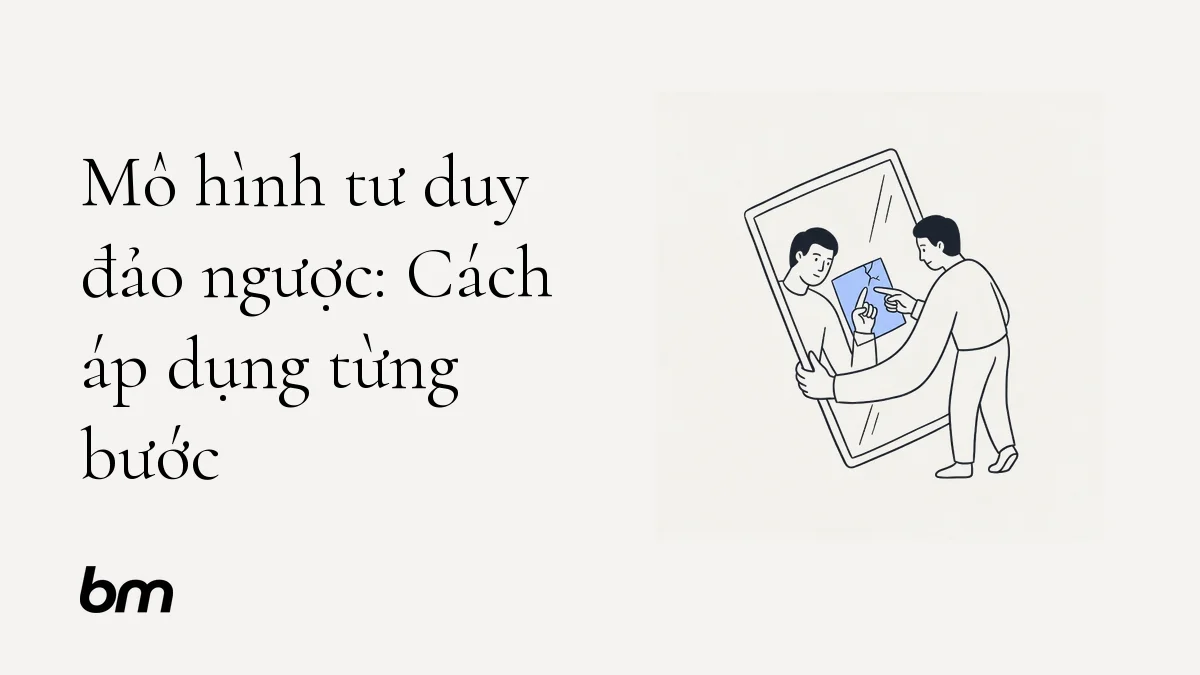 Minh họa cho Mô hình tư duy đảo ngược: Cách áp dụng từng bước: Một người nhìn vào bản kế hoạch qua tấm gương lật ngược, nơi một vết nứt nhỏ làm lộ điểm cần gia cố.