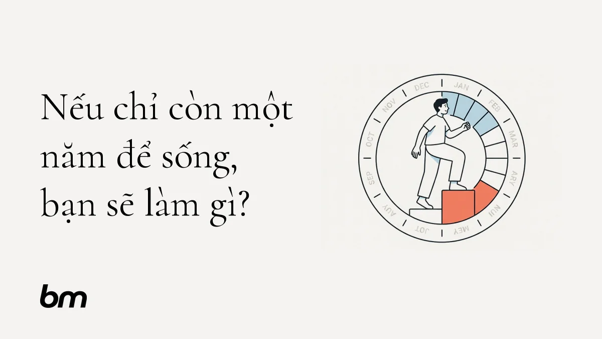 Minh họa cho Nếu chỉ còn một năm để sống, bạn sẽ làm gì?: Một người đứng trước vòng tròn lịch năm giản lược, bước lên một ô duy nhất được tô màu—ẩn dụ cho việc biến ưu tiên thành bước đi cụ thể ngay trong tuần này.