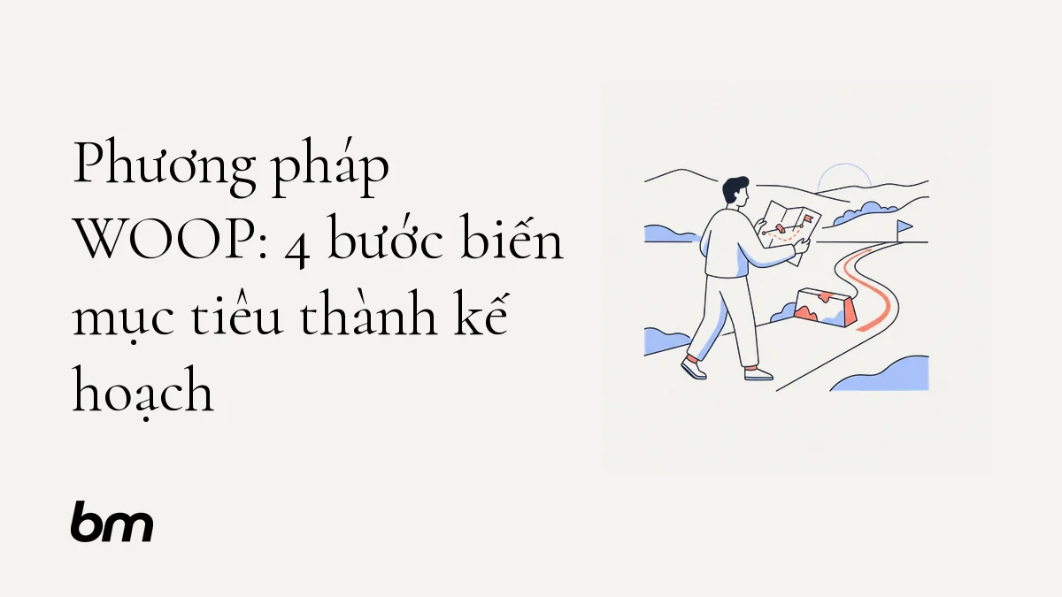 Minh họa cho Phương pháp WOOP: 4 bước biến mục tiêu thành kế hoạch: Một người đứng trước chướng ngại nhỏ trên đường tới mục tiêu, cầm tấm bản đồ đơn giản chỉ lối đi vòng qua.