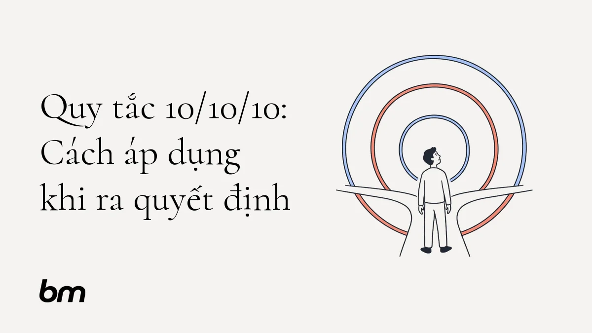 Minh họa cho Quy tắc 10/10/10: Cách áp dụng khi ra quyết định: Một người đứng trước ngã rẽ, nhìn cùng một con đường được chia thành ba vòng thời gian đồng tâm: gần, trung hạn và xa hạn.