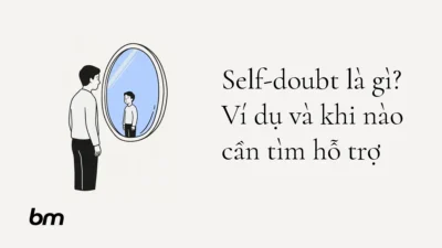 Minh họa cho Self-doubt là gì? Ví dụ và khi nào cần tìm hỗ trợ: Một người nhìn vào chiếc gương tròn, nhưng hình phản chiếu của họ nhỏ bé hơn hẳn người thật: ẩn dụ cho việc tự đánh giá thấp bản thân. Cảnh đặt bên trái, dành khoảng trống bên phải cho tiêu đề; nét đen tối giản trên nền trung tính, mặt gương xanh nhạt, không có chữ trong hình.