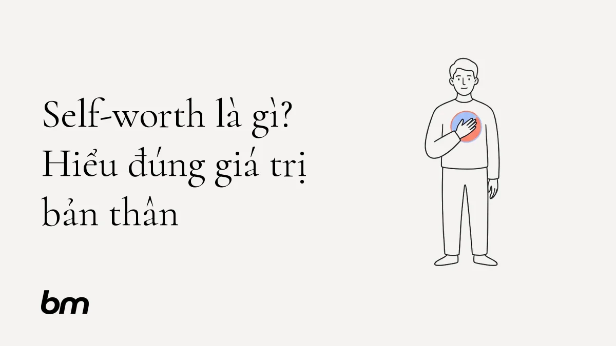 Minh họa cho Self-worth là gì? Hiểu đúng giá trị bản thân: Một người được vẽ bằng nét đen giản lược đặt tay lên vòng tròn xanh ở giữa ngực. Vòng tròn tượng trưng cho cảm nhận giá trị từ chính bản thân, không phải một huy hiệu thành tích. Nền trung tính, nhiều khoảng trống, không chữ và không chi tiết trang trí khác.