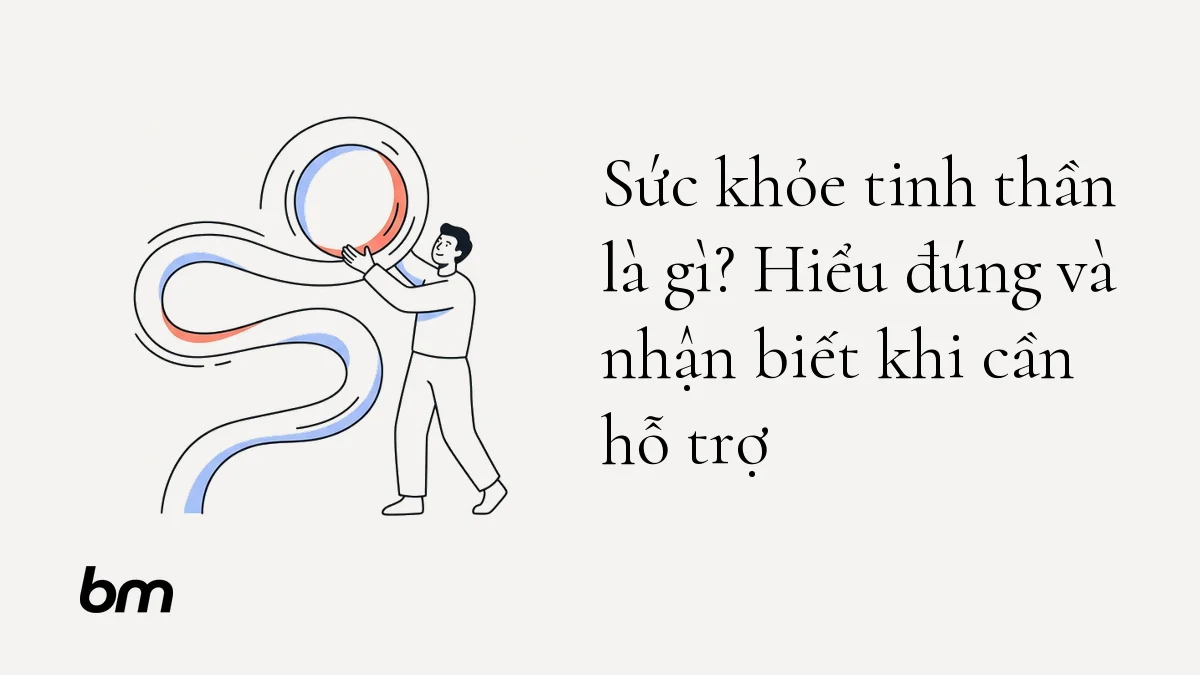 Minh họa cho Sức khỏe tinh thần là gì? Hiểu đúng và nhận biết khi cần hỗ trợ: Một người đứng cạnh đường nét tâm trí uốn lượn, nâng đỡ một vòng tròn đang chuyển động—ẩn dụ cho trạng thái tinh thần có thể thay đổi và cần được chăm sóc.