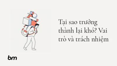 Minh họa cho Tại sao trưởng thành lại khó? Vai trò và trách nhiệm: Một người đứng trước chiếc ba lô quá khổ với vài hình khối tượng trưng cho các vai trò chồng lên nhau, gợi cảm giác gánh nặng trưởng thành.