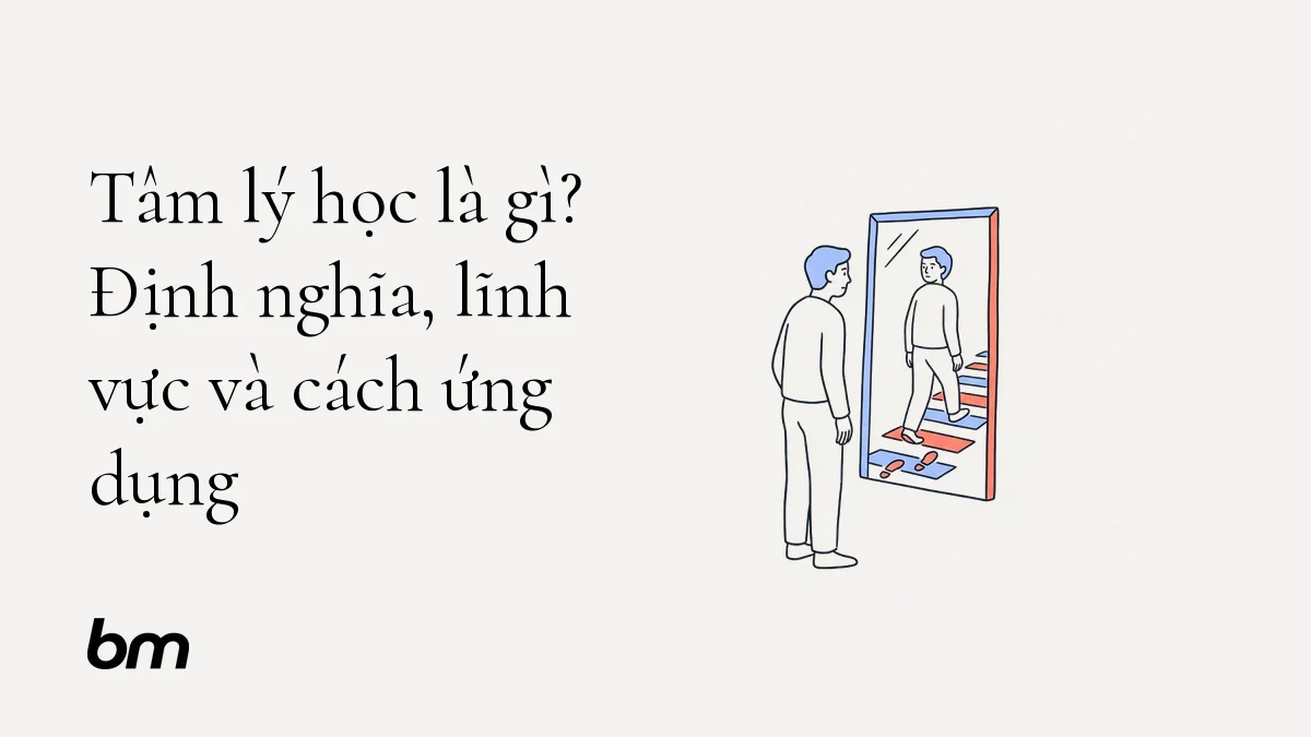 Minh họa cho Tâm lý học là gì? Định nghĩa, lĩnh vực và cách ứng dụng: Một người nhìn vào chiếc gương đơn giản; trong gương, dáng phản chiếu chuyển thành bước chân đang chuyển động, gợi mối liên hệ giữa đời sống nội tâm và hành vi có thể quan sát.