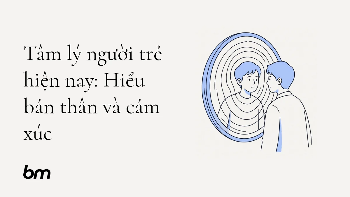 Minh họa cho Tâm lý người trẻ hiện nay: Hiểu bản thân và cảm xúc: Một người trẻ nhìn vào chiếc gương tròn; những đường viền đồng tâm trong gương gợi các lớp cảm xúc và bản sắc.