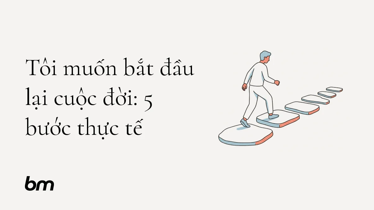 Minh họa cho Tôi muốn bắt đầu lại cuộc đời: 5 bước thực tế: Một người bước từ vùng nền trung tính sang viên đá đầu tiên trên lối đi còn bỏ ngỏ, gợi một khởi đầu thực tế và vừa sức.