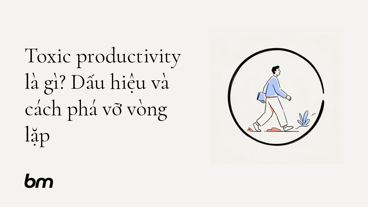 Minh họa cho Toxic productivity là gì? Dấu hiệu và cách phá vỡ vòng lặp: Một người bước ra khỏi vòng tròn nét đen tượng trưng cho chu kỳ làm việc không ngừng, hướng về khoảng trống yên tĩnh.