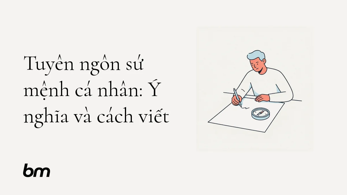 Minh họa cho Tuyên ngôn sứ mệnh cá nhân: Ý nghĩa và cách viết: Một người ngồi trước tờ giấy trắng, đặt chiếc la bàn hình tròn lên trang giấy và bắt đầu viết những nét đầu tiên, gợi việc biến giá trị cá nhân thành định hướng rõ ràng.