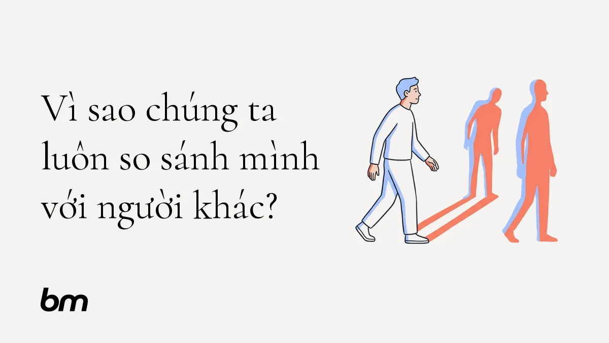 Minh họa cho Vì sao chúng ta luôn so sánh mình với người khác?: Một người đứng trước hai hình bóng trên cùng một mặt phẳng: một hình bóng ở xa tạo cảm giác áp lực, hình bóng còn lại trở thành điểm định hướng để người đó bước tiếp.
