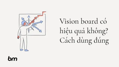 Minh họa cho Vision board có hiệu quả không? Cách dùng đúng: Một người đứng trước bảng hình ảnh tối giản, chọn một mũi tên dẫn đến bước đi đầu tiên; bảng là la bàn định hướng chứ không phải cỗ máy tạo kết quả.