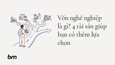 Minh họa cho Vốn nghề nghiệp là gì? 4 tài sản giúp bạn có thêm lựa chọn: Một người đứng trước ngã rẽ, mang theo bốn khối tròn nhỏ tượng trưng cho kỹ năng, quan hệ, uy tín và tài chính; các lối đi mở ra nhiều lựa chọn nghề nghiệp.